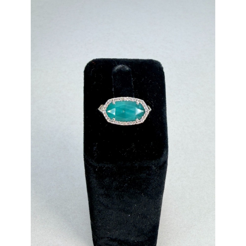 RSG Silver Tone Teal Green Faceted Glass Statement Ring Halo Cocktail Size 7